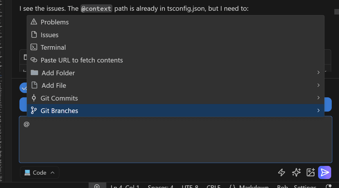 Screenshot demonstrating the @ context mention feature