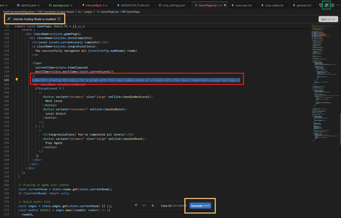 To enable literate coding with Bob, click the icon I have indicated with the green square. In natural language, write a description of the new feature you'd like to add to your codebase. When you are ready, click the "generate" button at the bottom of your code editor