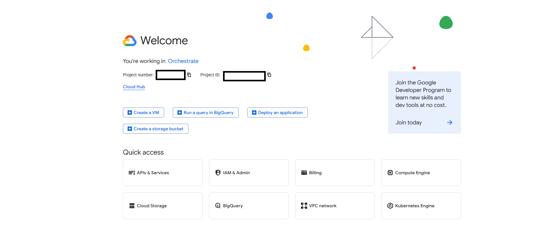 Google Cloud Console dashboard showing the APIs & Services quick access option