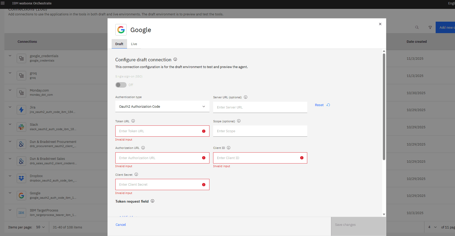 Connections page showing the Google OAuth2 connection entry
