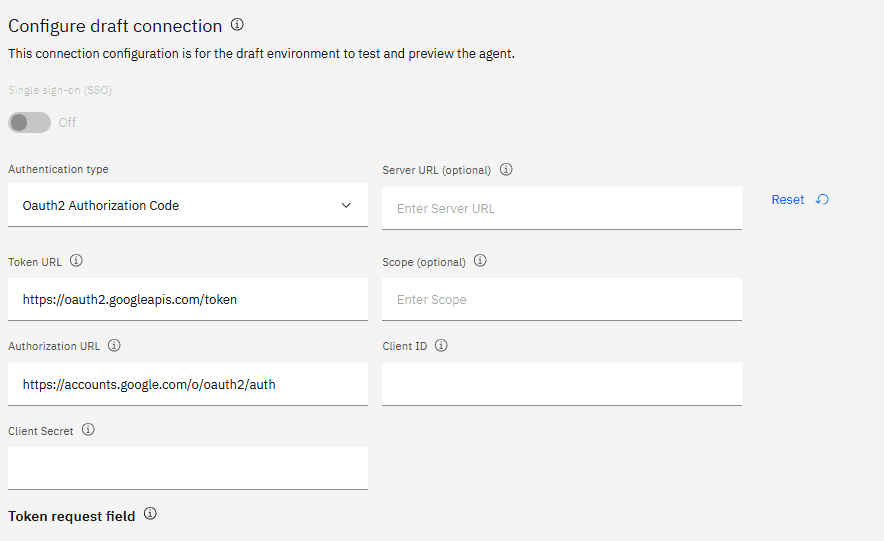 Google OAuth2 connection configuration form with fields for Client ID, Client Secret, Auth URL, Token URL, and Scopes