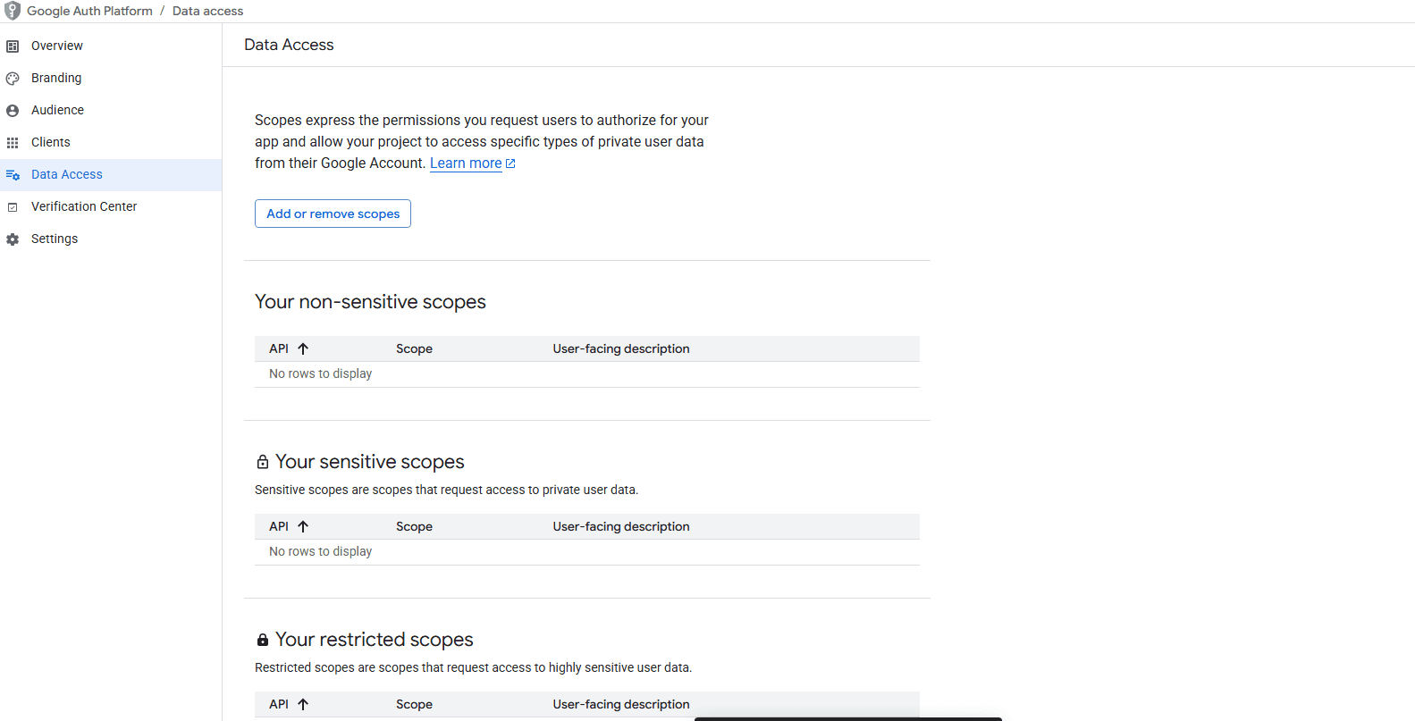 OAuth consent screen Data Access configuration page