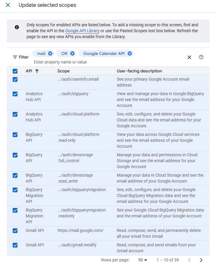 Scope selection interface showing available Google API scopes