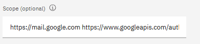 Visual showing how to input Google API Scopes (Separate with space)
