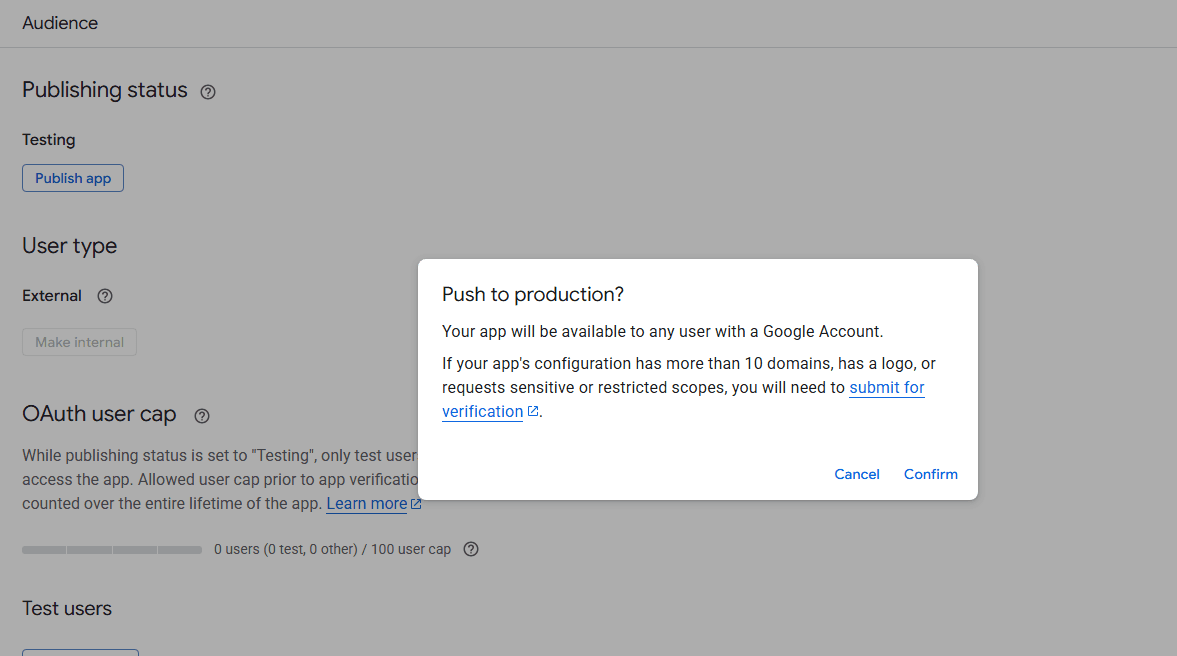 Publishing app to production in Google Cloud Console