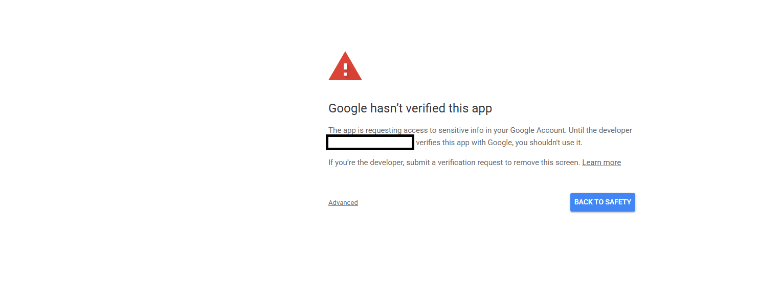 Google security warning screen for unverified app