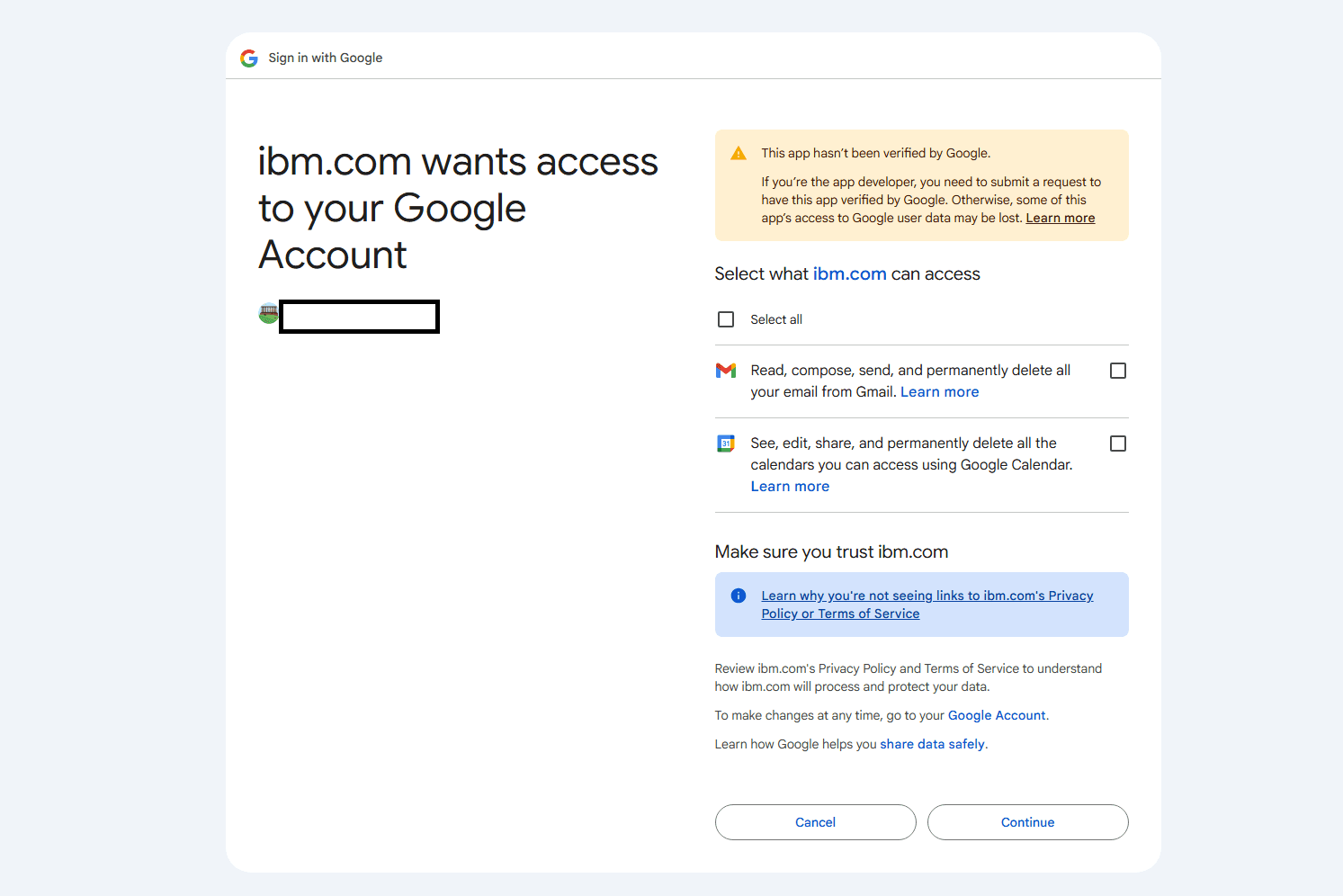 Google OAuth permission screen requesting access to Gmail and Calendar