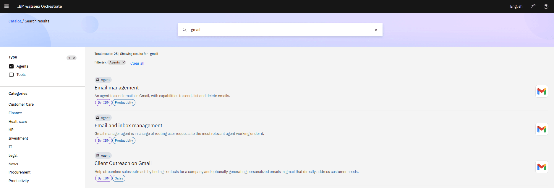 Agent Catalog search results showing Gmail-related agents