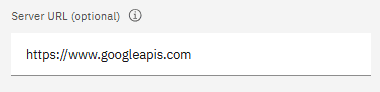 Connection configuration form with base URL field highlighted, showing https://www.googleapis.com