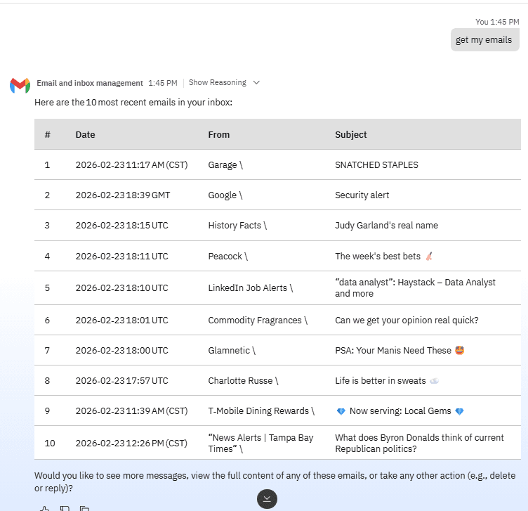 Successful email retrieval showing inbox messages in the agent response.. Clearly this is my junk email address