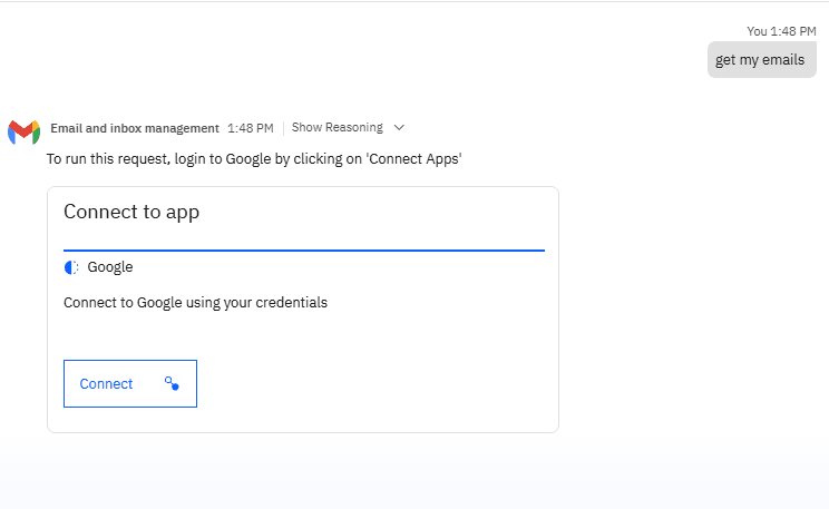 Testing the Gmail agent with member credentials, showing the personal authentication flow