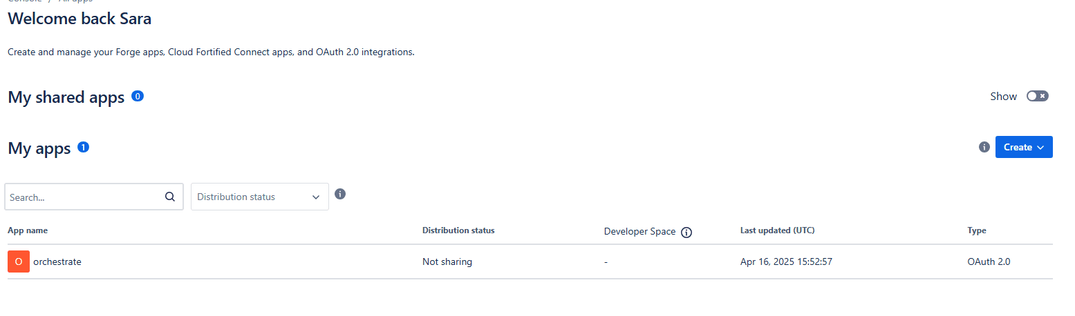 Atlassian Developer Console homepage showing existing apps and Create button