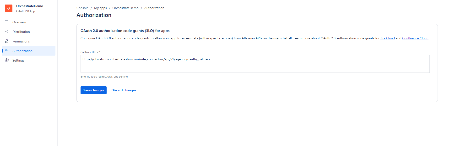 Authorization tab showing callback URL configuration field