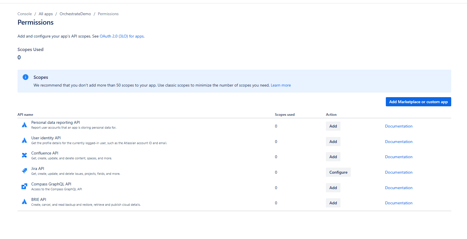 Permissions tab with Add API button to configure Jira scopes