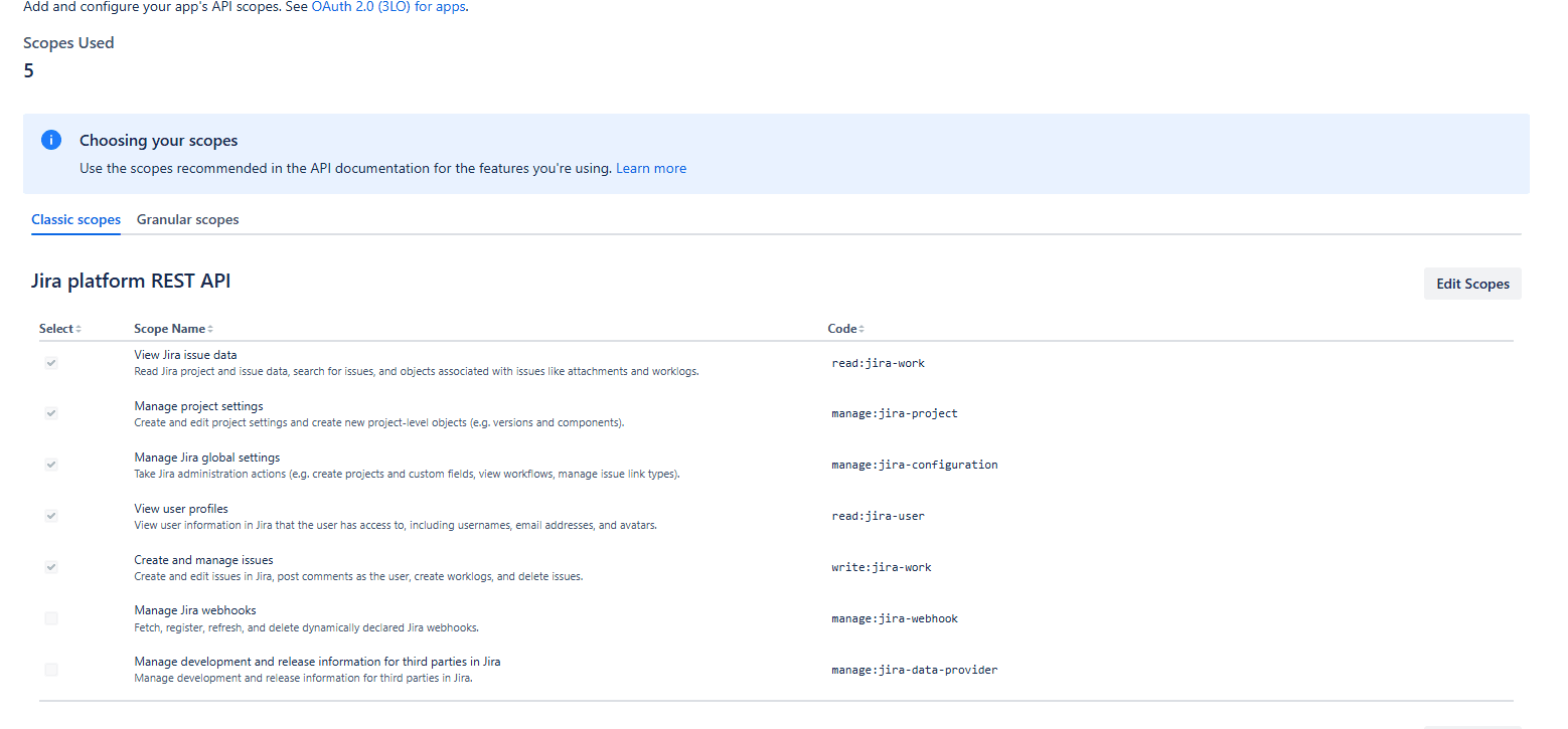 Jira API scope configuration showing selected permissions
