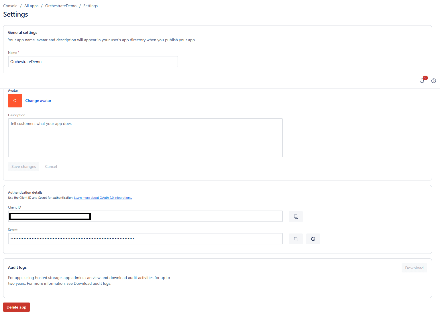 Settings tab displaying Client ID and Client Secret for the OAuth app