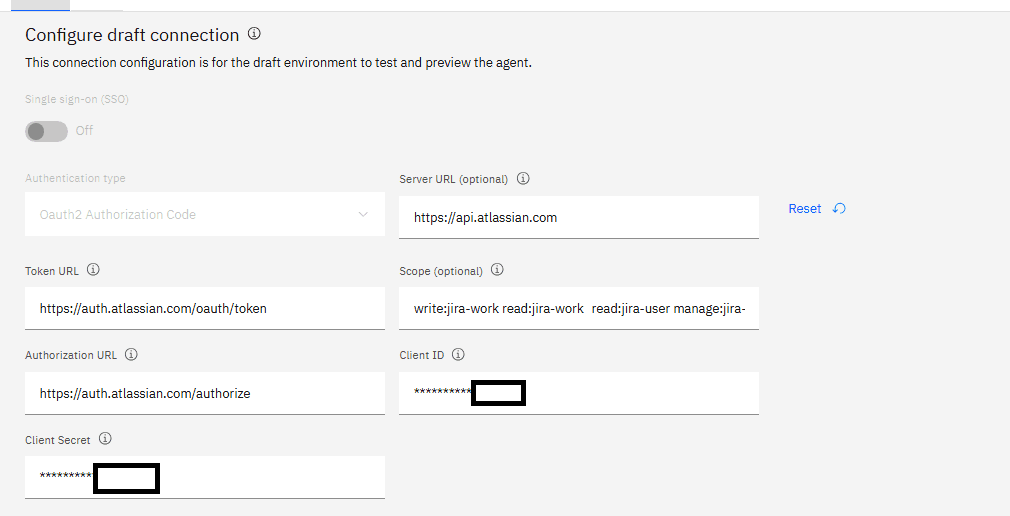 Jira OAuth2 connection configuration form in watsonx Orchestrate