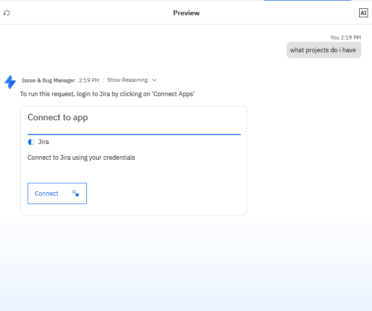 Agent response prompting user to connect their Jira account