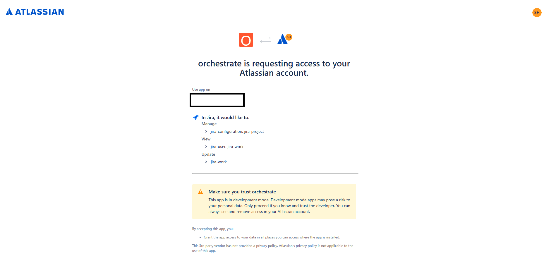 Atlassian authorization screen requesting permission to access Jira