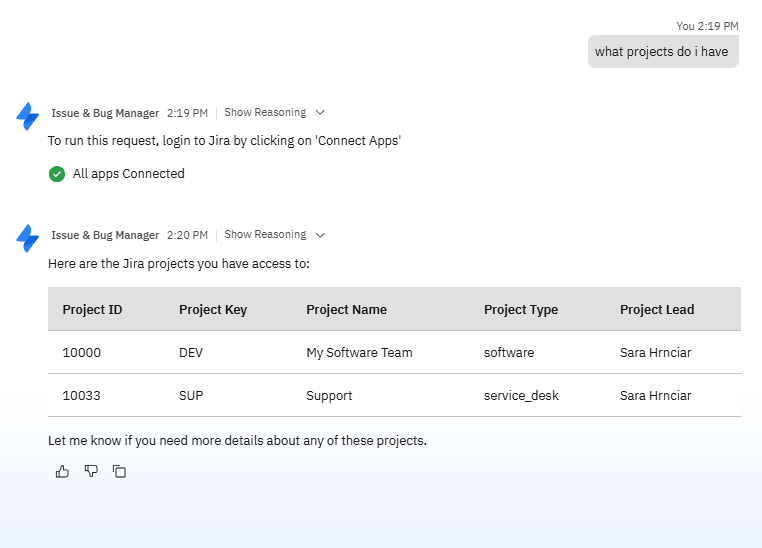 Successful Jira integration showing project list retrieved by the agent