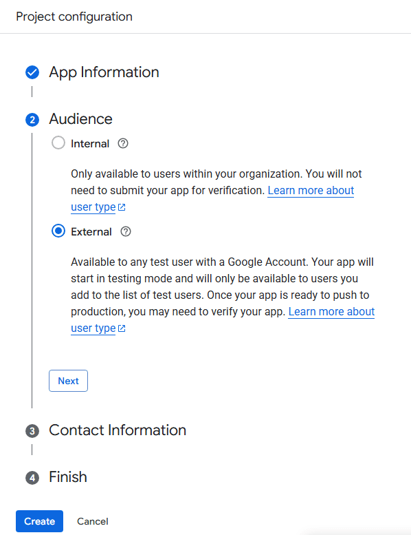 Project configuration - choosing an audience for your app (External selected)