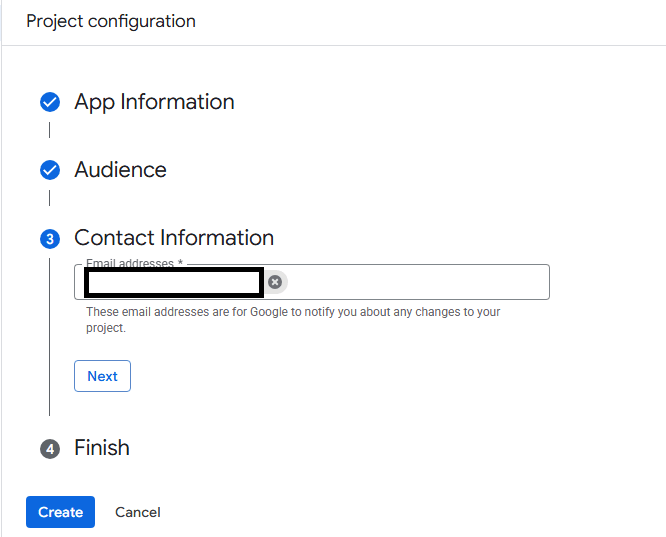 Next step of project config - contact information with personal email