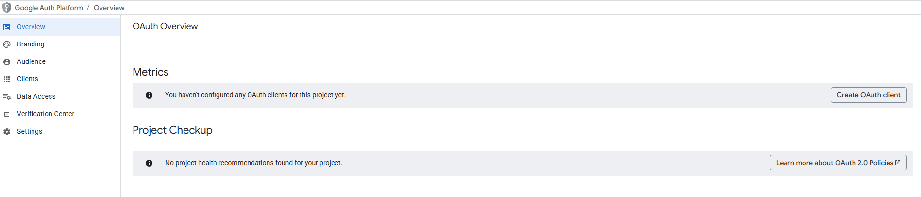 Project summary screen with "Create OAuth client" button highlighted in the Metrics section