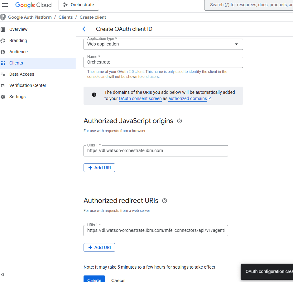 OAuth client ID creation form showing application type (Web application), name (Orchestrate), JavaScript origins, and authorized redirect URIs